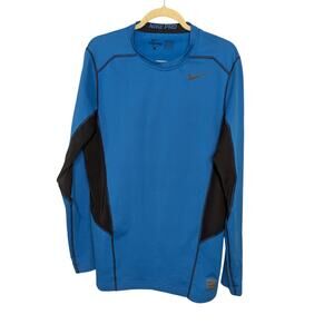 Nike Hyperwarrm Pro Dri Fit Fitted Long Sleeve Shirt Mens Size Large Blue Black